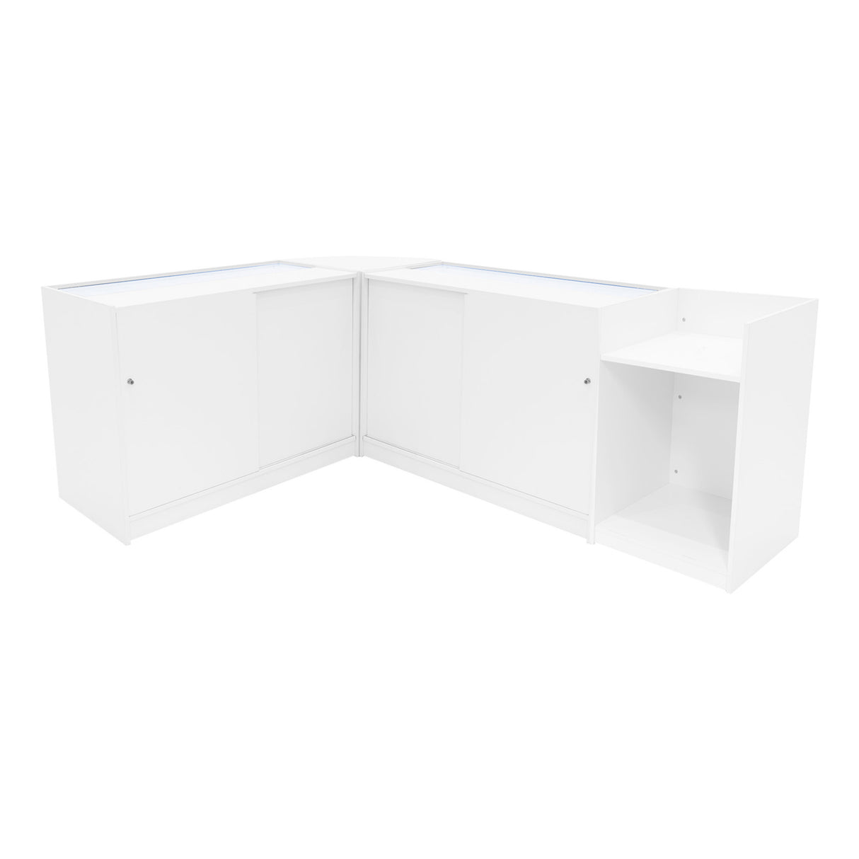 Set banconi negozio Polaris LED in bianco, con finitura liscia, angolare, dotato di ante e ripiani per esposizione e stoccaggio