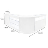 Set banconi negozio Polaris LED in bianco, design moderno con superfici lisce, misure di 180x120x90 cm, vetrine trasparenti e illuminazione integrata