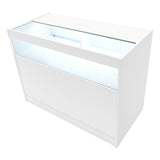 Bancone negozio Polaris LED bianco, design moderno con superficie liscia, illuminazione interna e vetrina trasparente per esposizione prodotti