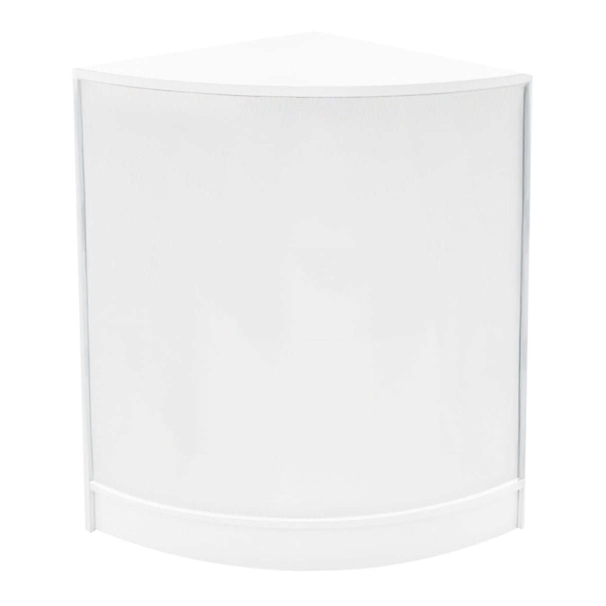 Bancone negozio angolare bianco con finitura liscia, progettato per esposizione, dotato di illuminazione LED integrata per un look moderno