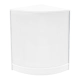 Bancone negozio angolare bianco con finitura liscia, progettato per esposizione, dotato di illuminazione LED integrata per un look moderno