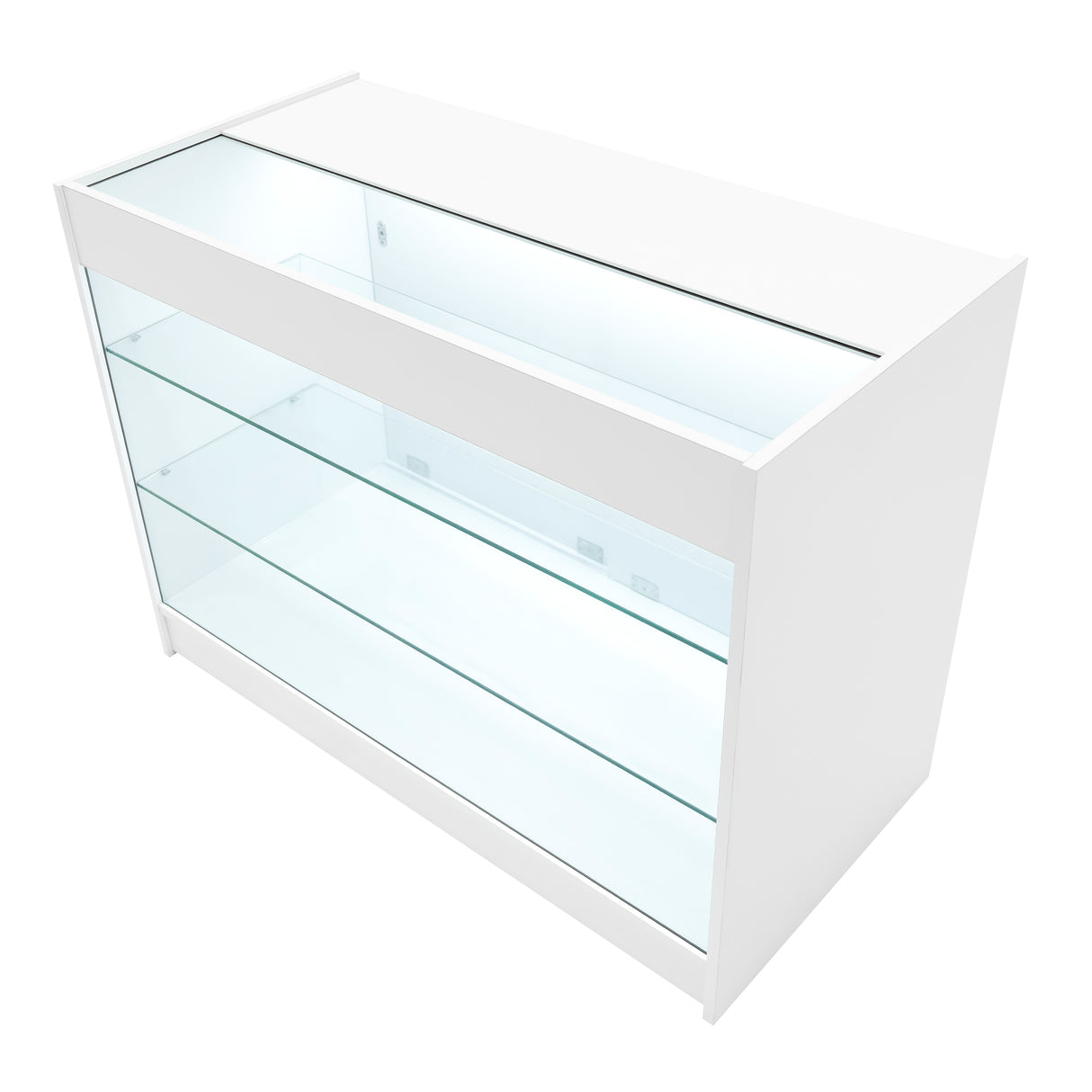 Bancone negozio Polaris LED bianco con ripiani in vetro trasparente, design moderno e linee pulite, ideale per esposizione prodotti