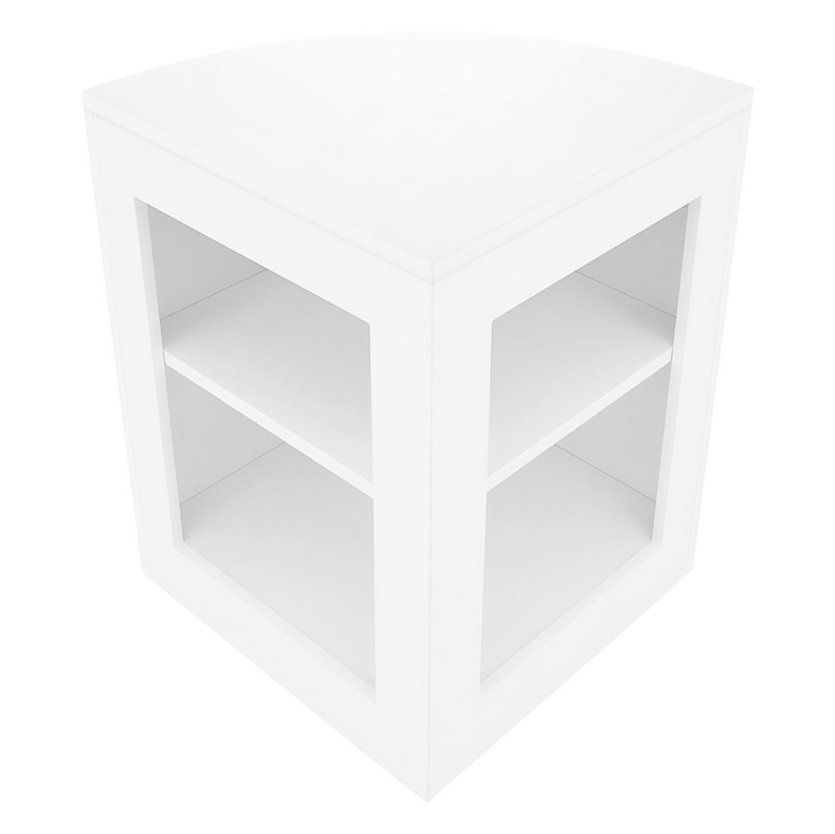 Bancone negozio angolare bianco con ripiani interni, design moderno e finitura lucida, ideale per esposizione prodotti