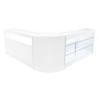 Bancone negozio angolare bianco con ripiani in vetro trasparente, design moderno e linee eleganti, ideale per esposizione prodotti