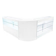 Bancone angolare bianco con ripiani in vetro trasparente, elegante e moderno, ideale per negozi e esposizioni di prodotti