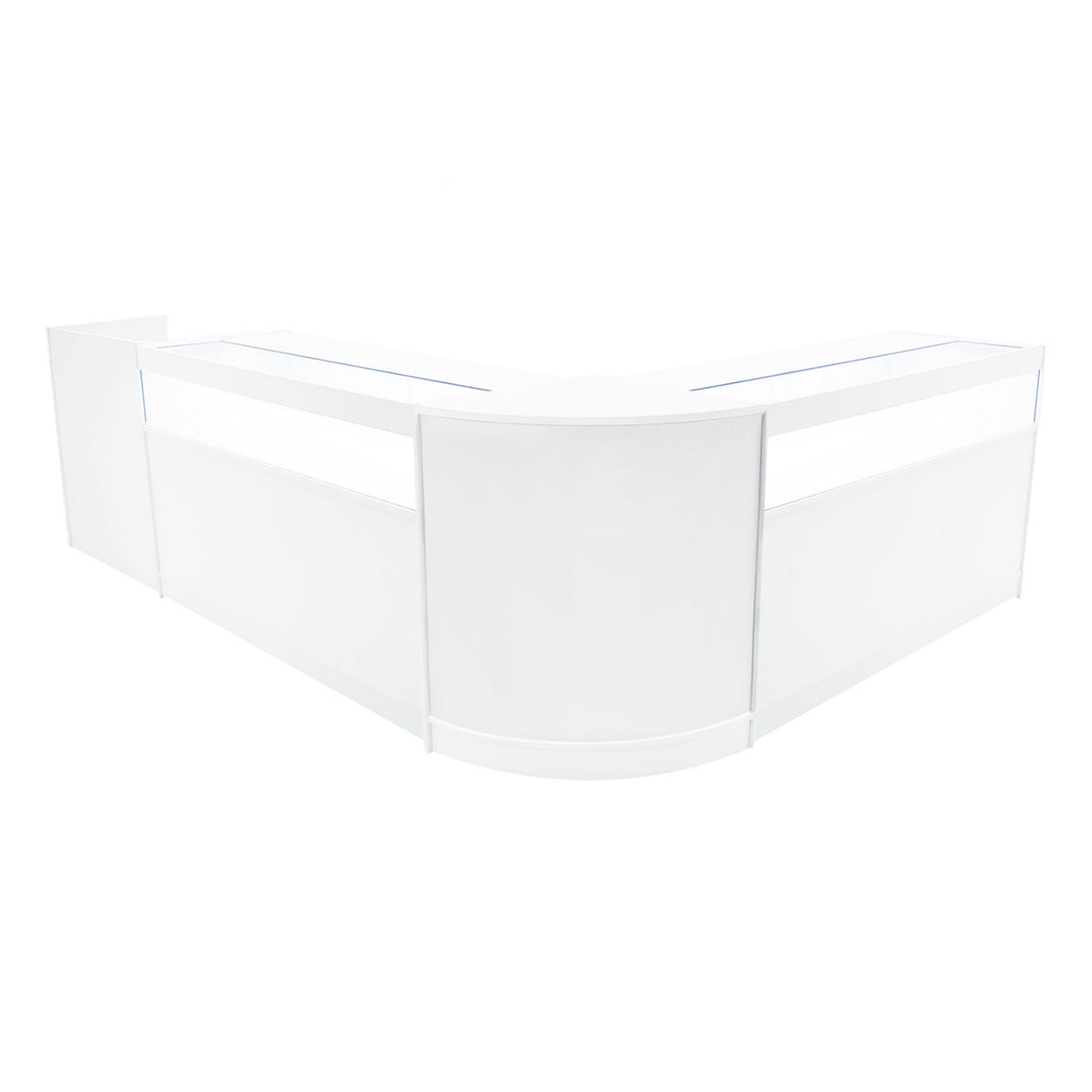 Set banconi negozio Luna LED bianco, design angolare elegante, superficie liscia e lucida, ideale per esposizioni moderne e funzionali