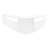 Set banconi negozio Luna LED bianco, design angolare elegante, superficie liscia e lucida, ideale per esposizioni moderne e funzionali