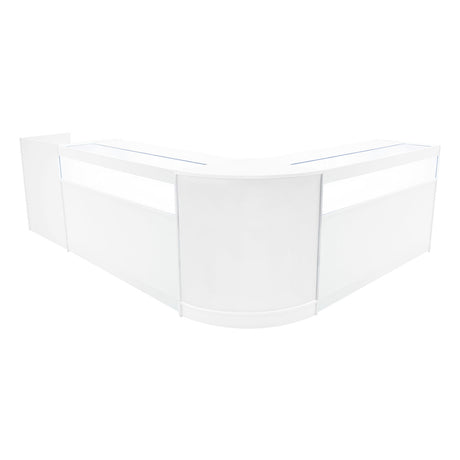 Set banconi negozio Luna LED bianco, design angolare elegante, superficie liscia e lucida, ideale per esposizioni moderne e funzionali
