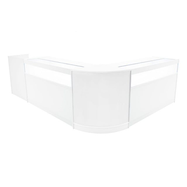 Set banconi negozio Luna LED bianco, design angolare elegante, superficie liscia e lucida, ideale per esposizioni moderne e funzionali