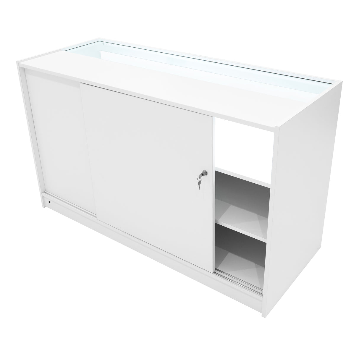 Bancone negozio bianco con ante scorrevoli, ripiani interni e piano in vetro, design moderno e pulito, ideale per esposizione prodotti