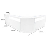 Set banconi negozio Luna LED bianco, design elegante con angoli arrotondati, dimensioni 60x60x90 cm e 150x210 cm, superficie liscia e moderna