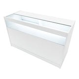 Bancone negozio Luna LED bianco, design moderno con superficie liscia, illuminazione interna e vetro trasparente per esposizione prodotti