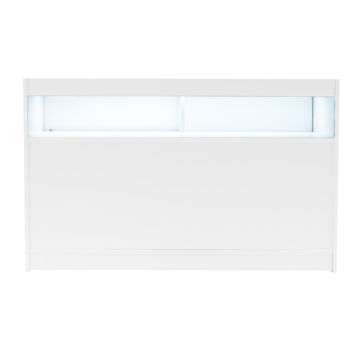 Bancone negozio bianco con illuminazione LED, design moderno e linee pulite, ideale per esposizione e vendita di prodotti