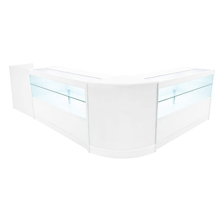 Set banconi negozio Phoenix LED bianco, design moderno con superfici lisce, vetro trasparente e illuminazione integrata per esposizione elegante