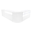 Set di banconi Gravity LED in bianco, design elegante e moderno con finiture lisce e trasparenti, ideale per esposizioni e negozi