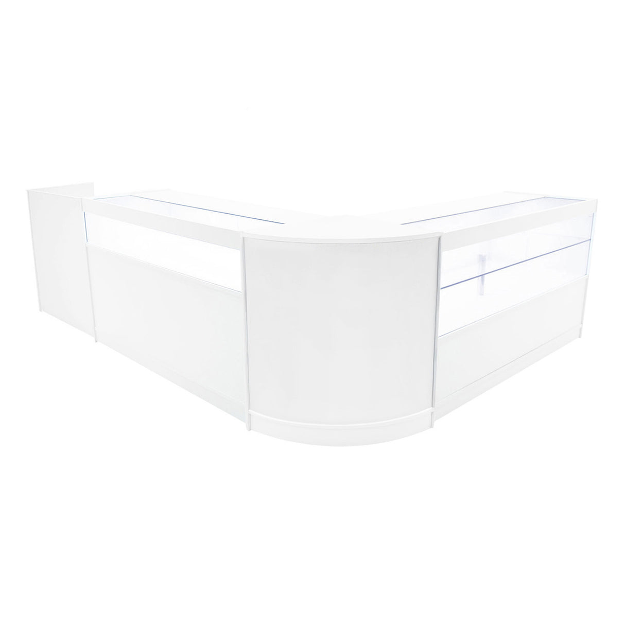 Set di banconi Gravity LED in bianco, design elegante e moderno con finiture lisce e trasparenti, ideale per esposizioni e negozi