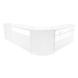 Set di banconi Gravity LED in bianco, design elegante e moderno con finiture lisce e trasparenti, ideale per esposizioni e negozi