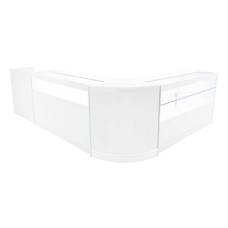 Set di banconi Gravity LED in bianco, design elegante e moderno con finiture lisce e trasparenti, ideale per esposizioni e negozi