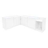 Set di banconi angolari Gravity LED in bianco, con finitura liscia, ante scorrevoli e spazi di stoccaggio funzionali