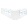 Set banconi angolari Vega LED in bianco, con ripiani in vetro trasparente e finitura lucida, ideale per esposizione e arredo moderno