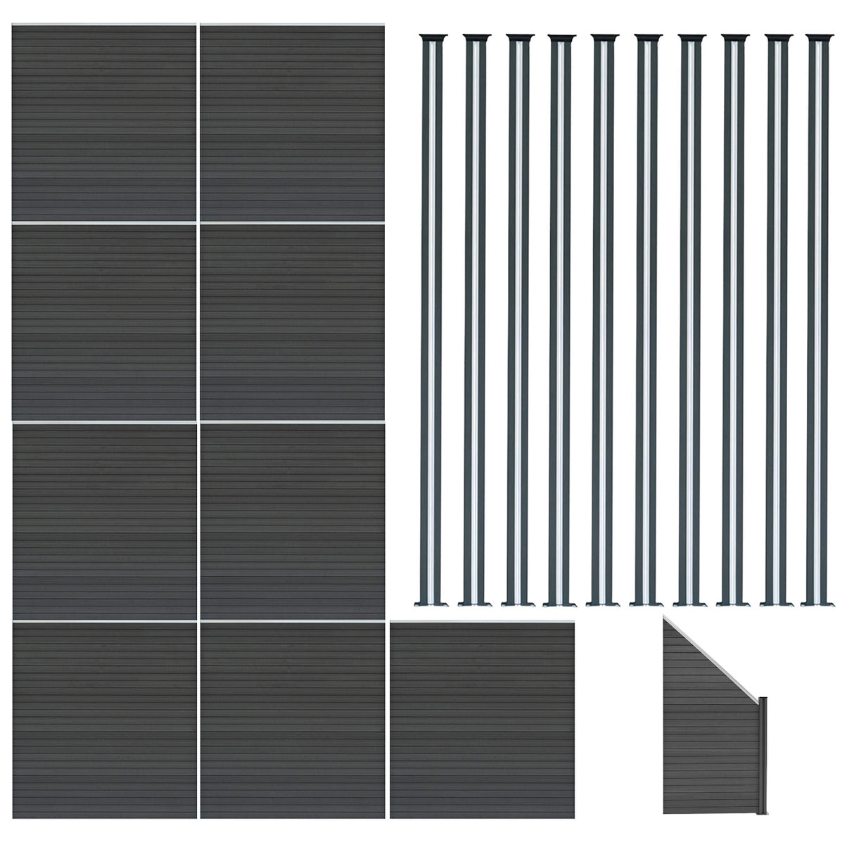 Pannelli Recinzione x9, Elemento Angolare e 10 Pali LED - Grigio