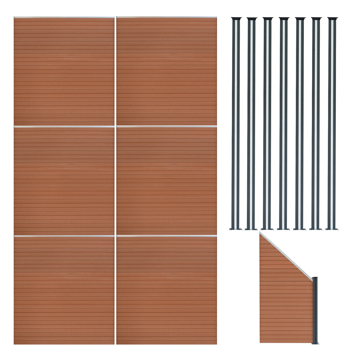 Pannelli Recinzione x6, Elemento Angolare e 7 Pali LED - Marrone