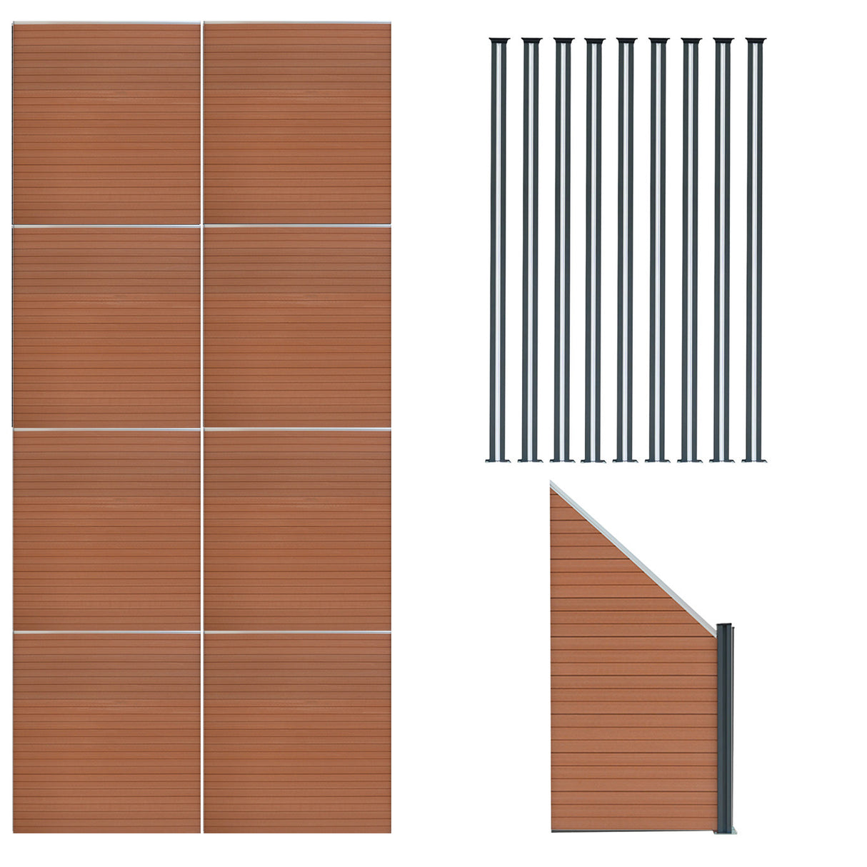 Pannelli Recinzione x8, Elemento Angolare e 9 Pali LED - Marrone