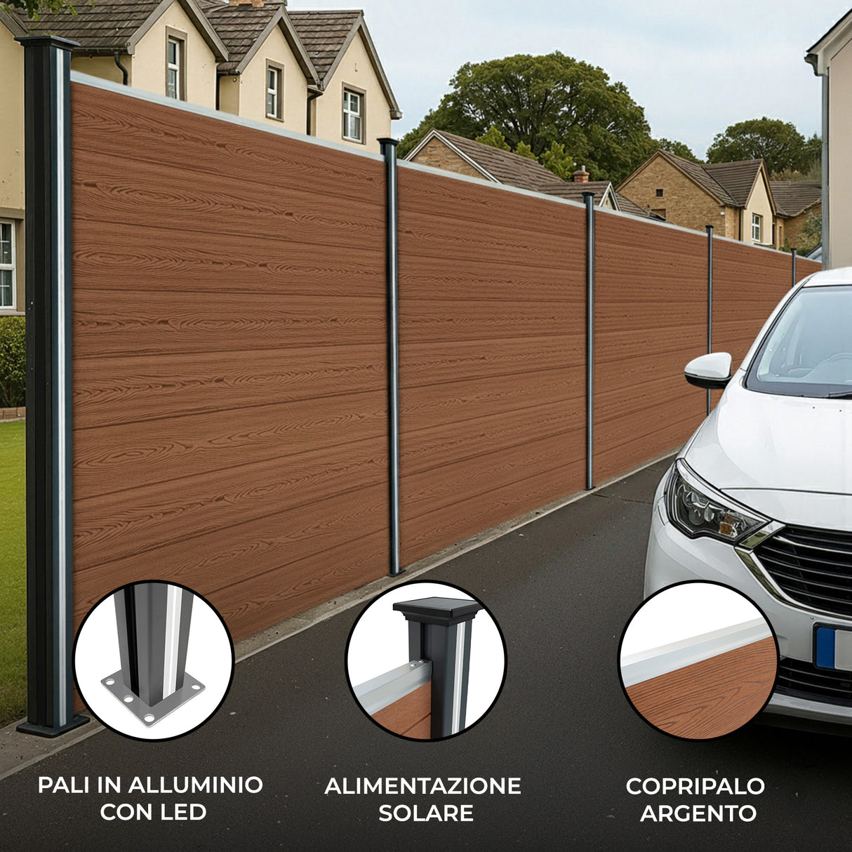 Pannelli Recinzione x10, Elemento Angolare e 11 Pali LED - Marrone