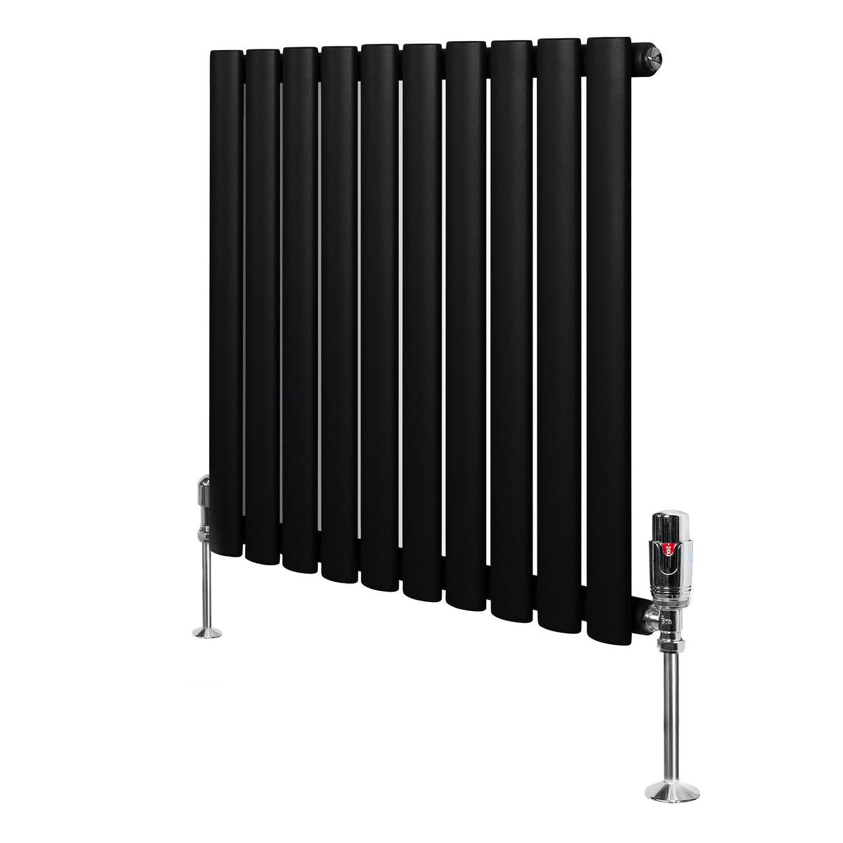 Radiatore ovale a colonna singola orizzontale, 600 x 600 mm, finitura nera opaca, con valvole cromate e design elegante e moderno