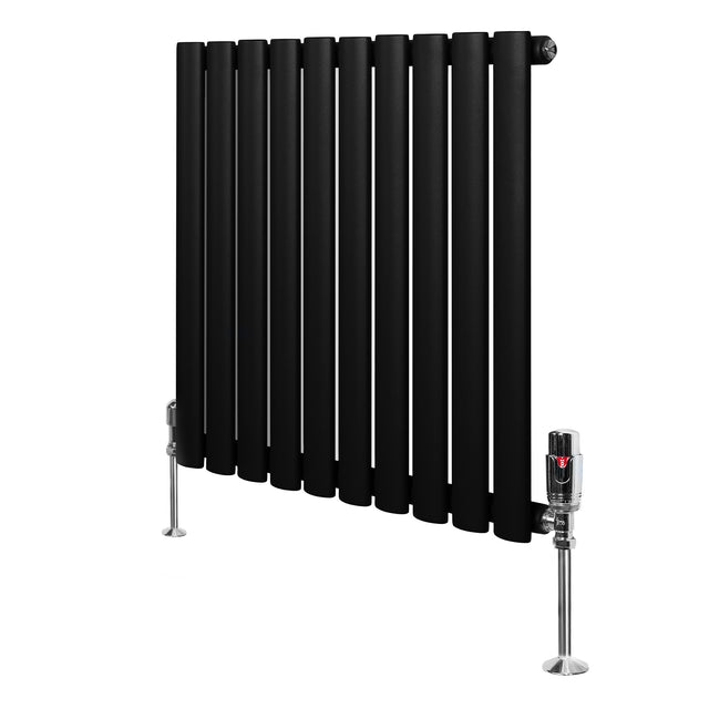 Radiatore ovale a colonna singola orizzontale, 600 x 600 mm, finitura nera opaca, con valvole cromate e design elegante e moderno