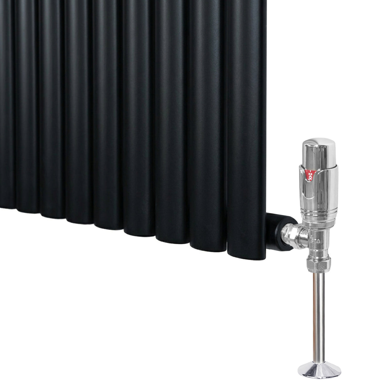 Radiatore ovale a colonna singola orizzontale, 600 x 600 mm, finitura nera opaca con valvole metalliche lucide e design elegante