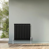 Radiatore ovale a colonna singola orizzontale nero, con finitura liscia e valvole cromate, posizionato su una parete chiara in un ambiente luminoso