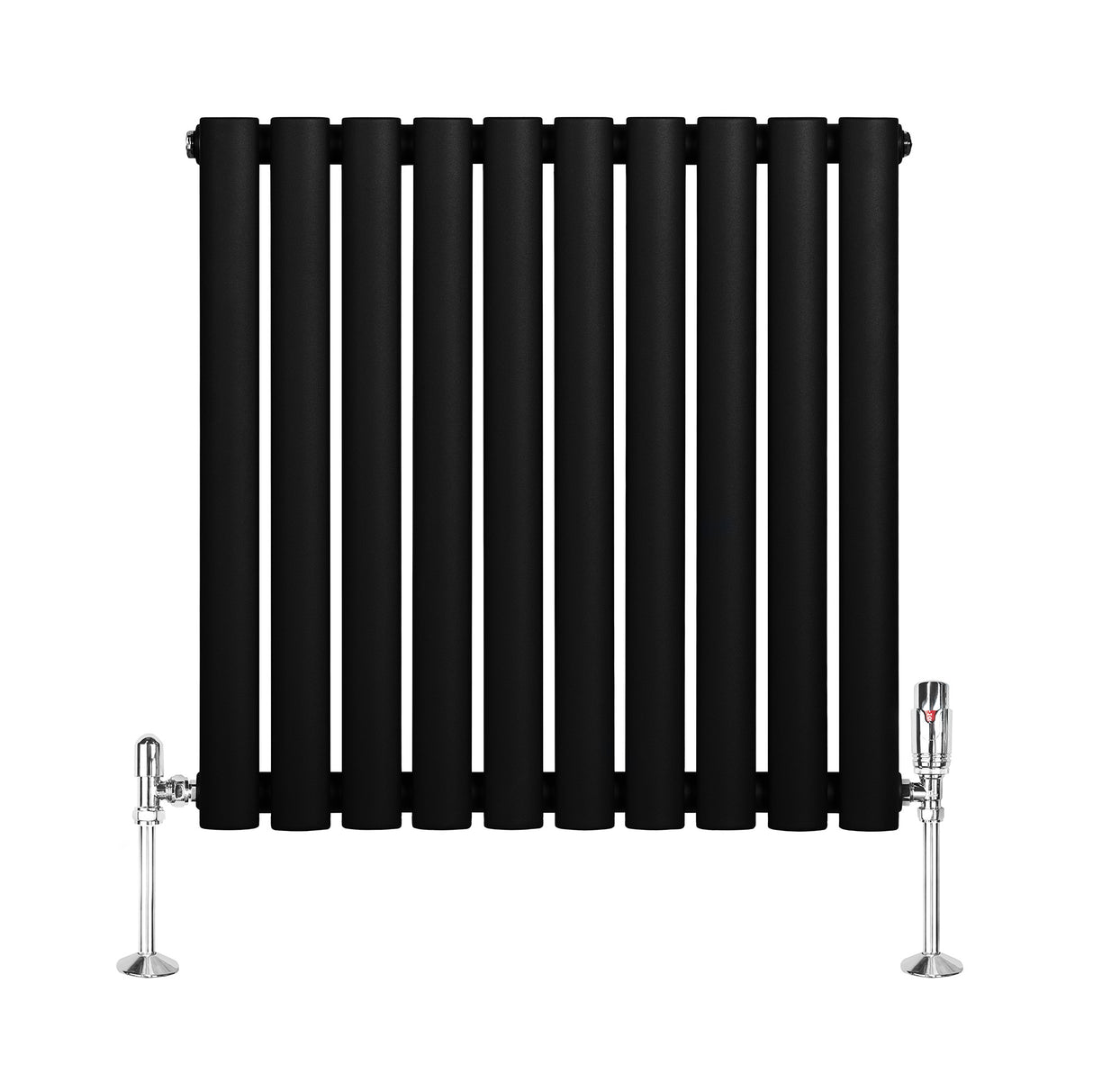 Radiatore ovale a colonna singola orizzontale, 600 x 600 mm, finitura nera opaca con valvole cromate e design elegante e moderno