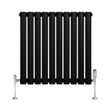 Radiatore ovale a colonna singola orizzontale, 600 x 600 mm, finitura nera opaca con valvole cromate e design elegante e moderno
