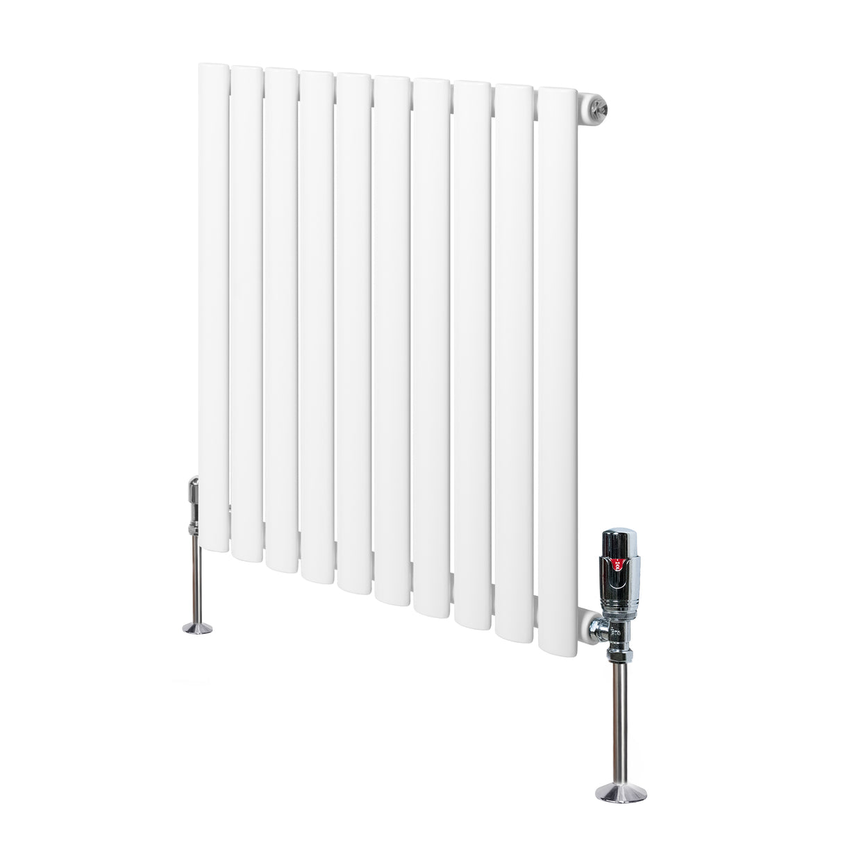 Radiatore ovale a colonna singola orizzontale bianco con finitura liscia, dimensioni 600 x 600 mm e valvole cromate lucide