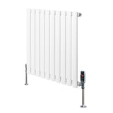 Radiatore ovale a colonna singola orizzontale bianco con finitura liscia, dimensioni 600 x 600 mm e valvole cromate lucide