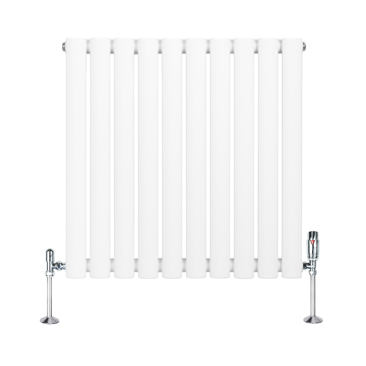 Radiatore ovale a colonna singola orizzontale bianco, con finitura liscia e valvole cromate, dimensioni 600 x 600 mm