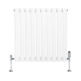 Radiatore ovale a colonna singola orizzontale bianco, con finitura liscia e valvole cromate, dimensioni 600 x 600 mm