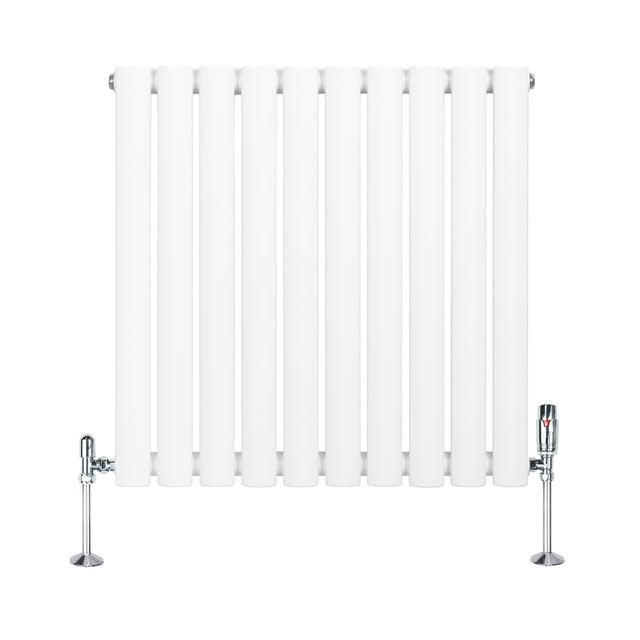 Radiatore ovale a colonna singola orizzontale bianco, con finitura liscia e valvole cromate, dimensioni 600 x 600 mm