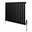 Radiatore ovale a colonna singola orizzontale, 600 x 780 mm, finitura nera opaca, con valvole cromate e design elegante e moderno