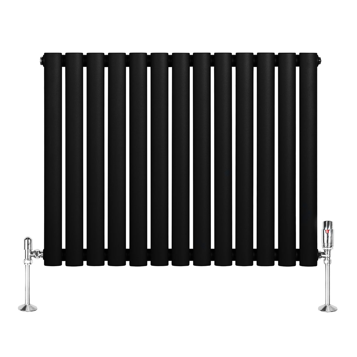 Radiatore ovale a colonna singola orizzontale, 600 x 780 mm, finitura nera opaca con valvole cromate e design elegante e moderno