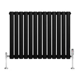 Radiatore ovale a colonna singola orizzontale, 600 x 780 mm, finitura nera opaca con valvole cromate e design elegante e moderno