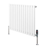 Radiatore ovale a colonna singola orizzontale bianco, con finitura liscia, valvole cromate e supporti metallici lucidi, dimensioni 600 x 780 mm