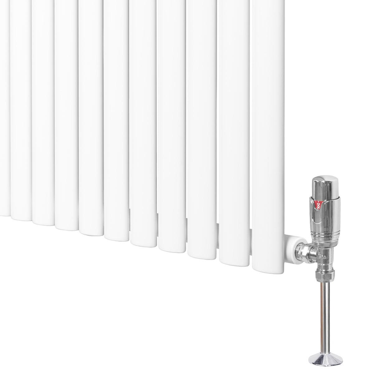 Radiatore ovale a colonna singola orizzontale bianco con finitura liscia e valvole cromate, dimensioni 600 x 780 mm