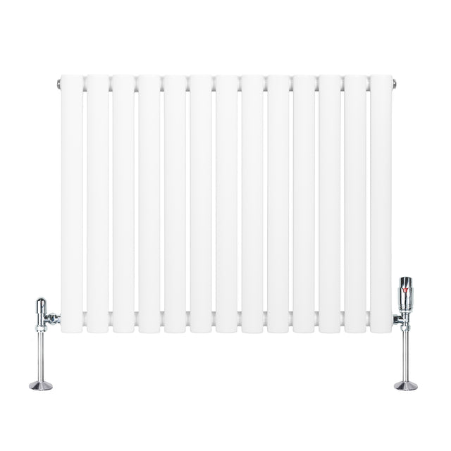 Radiatore ovale a colonna singola orizzontale bianco, con finitura liscia e valvole cromate, dimensioni 600 x 780 mm