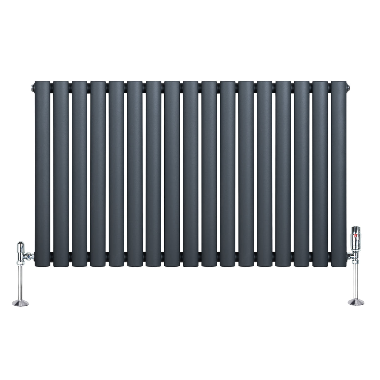 Radiatore ovale a colonna singola orizzontale, colore antracite, con finitura liscia e valvole cromate, dimensioni 600 x 1020 mm