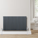 Radiatore ovale a colonna singola orizzontale antracite, con valvole, posizionato su una parete chiara in un ambiente moderno e luminoso