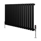 Radiatore ovale a colonna singola orizzontale, 600 x 1020 mm, finitura nera opaca, con valvole in metallo lucido e supporti stabili