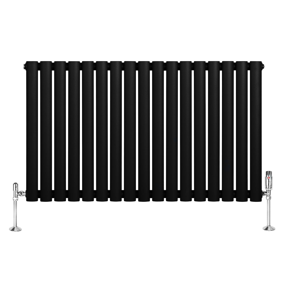 Radiatore orizzontale a colonna singola, 600 x 1020 mm, finitura nera opaca con valvole cromate e design elegante e moderno