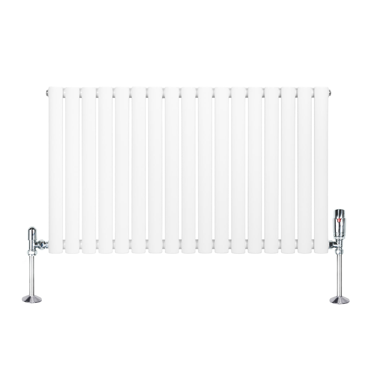 Radiatore orizzontale a colonna singola, bianco, con finitura liscia e valvole cromate, dimensioni 600 x 1020 mm, elegante e moderno